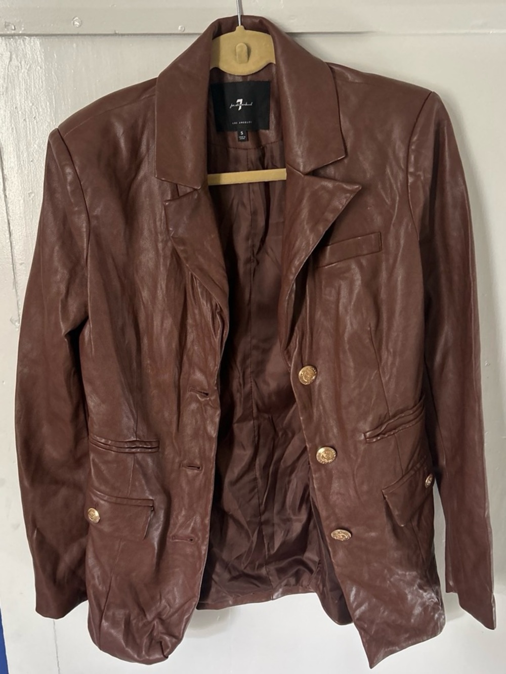 7 For All Mankind Brown Faux Leather Pea Coat with Gold Buttons